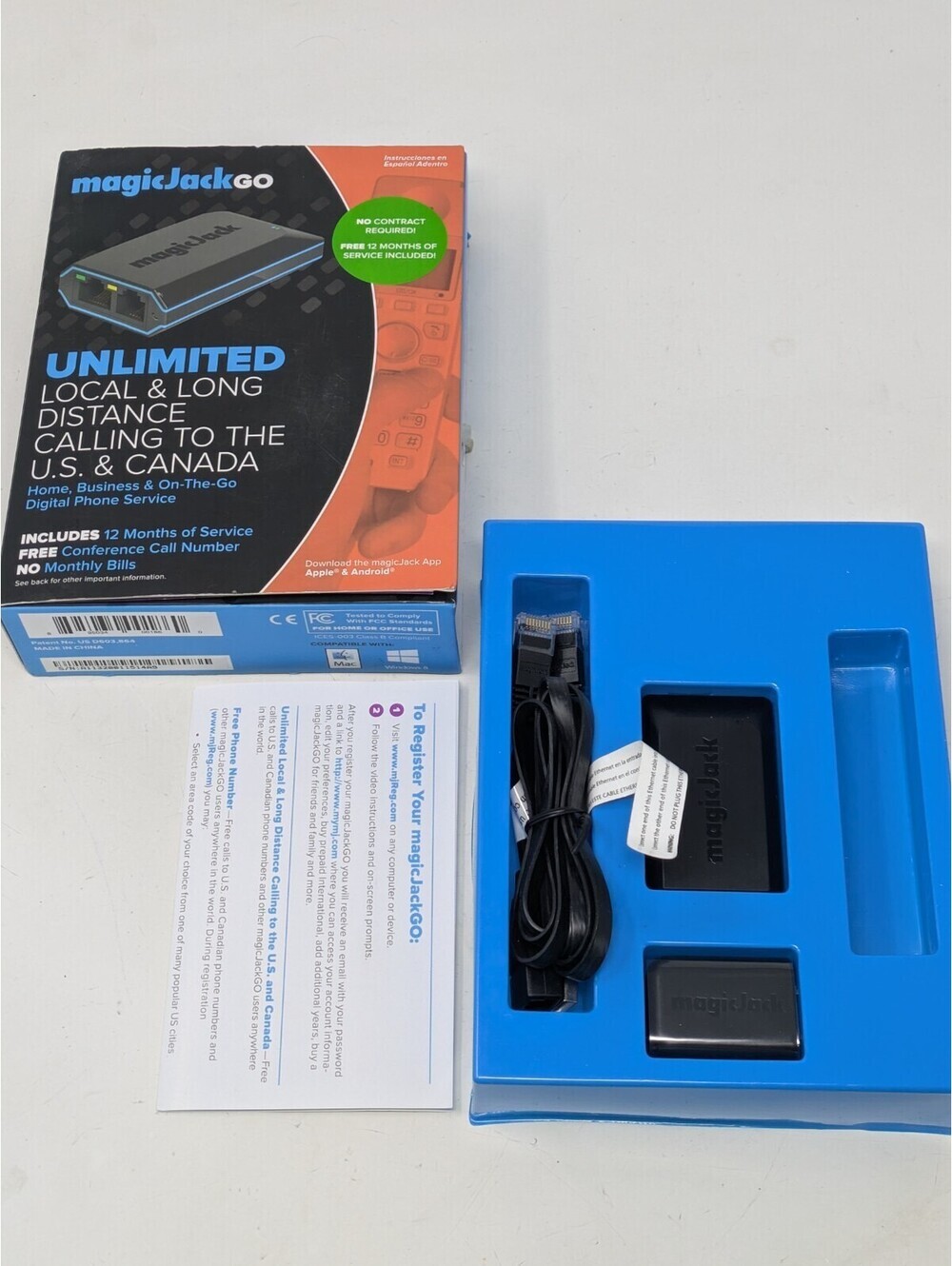 MagicJack Go Smart Digital Phone Fax VoIP Adapter w/ USB Extender & Data Cables
